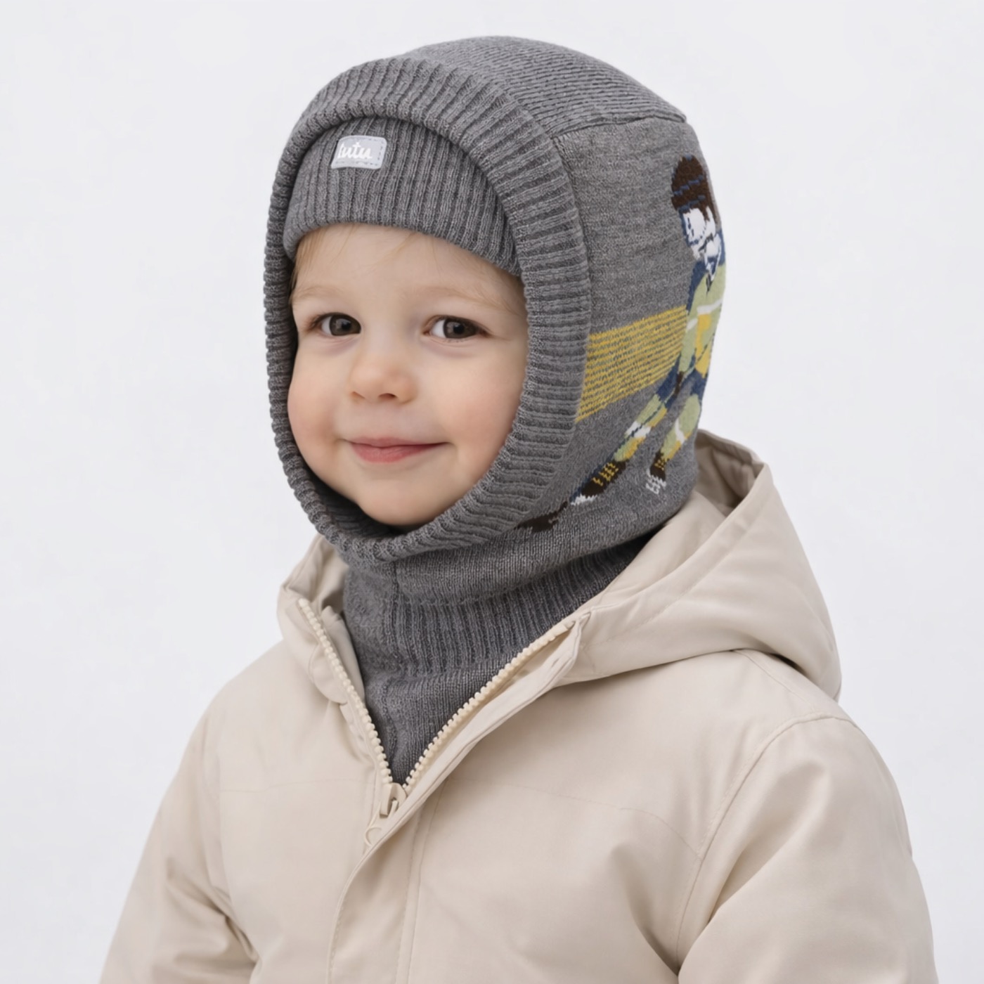 Arloux boy knit balaclava with hockey player