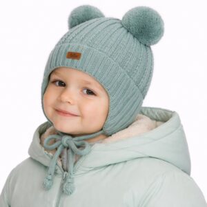 Elan kids tie-on merino earflap double pom-poms ca