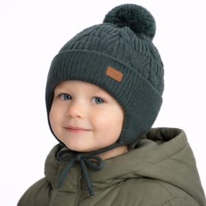 Solvi kids tie-on cable-knit merino earflap pom-po
