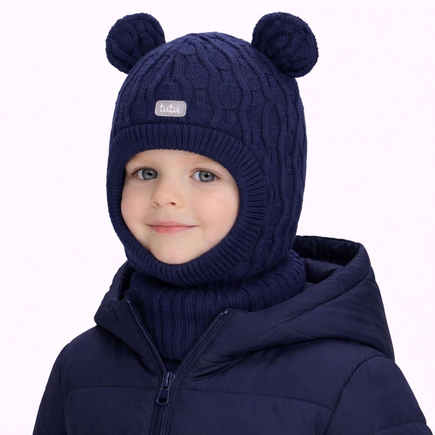 Elise merino wool cable‑knit bear balaclava